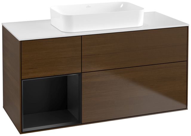 V&B Waschtisch-Unterschrank Finion 120x60,3x50,1cm, Regal links Black matt lacquer, Walnut veneer