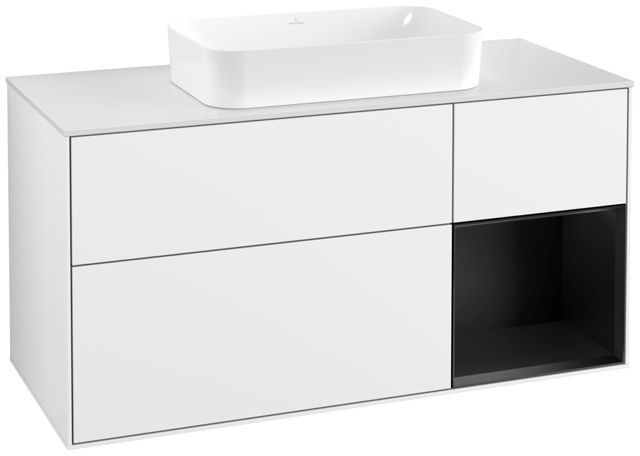 V&B Waschtisch-Unterschrank Finion 120x60,3x50,1cm, Regal rechts Black matt lacquer, Glossy white lacquer