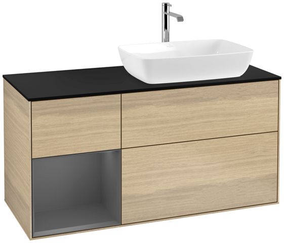 V&B Waschtisch-Unterschrank Finion 120cm, Abdeckplatte black matt, Regal Anthracite matt lacquer, Oak Veneer