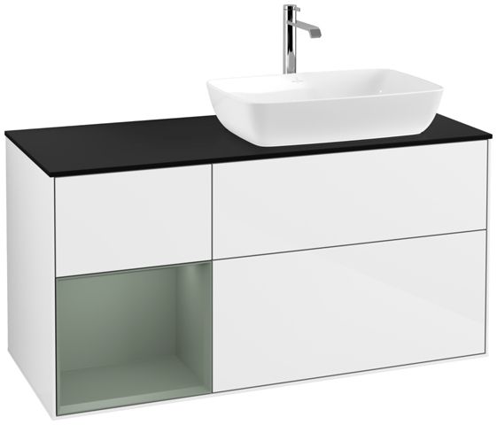 V&B Waschtisch-Unterschrank Finion 120cm, Abdeckplatte black matt, Regal Olive matt lacquer, Glossy white lacquer