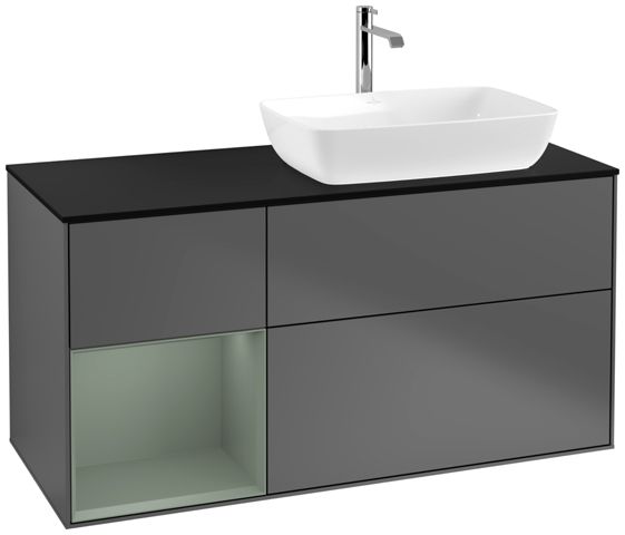 V&B Waschtisch-Unterschrank Finion 120cm, Abdeckplatte black matt, Regal Olive matt lacquer, Anthracite matt