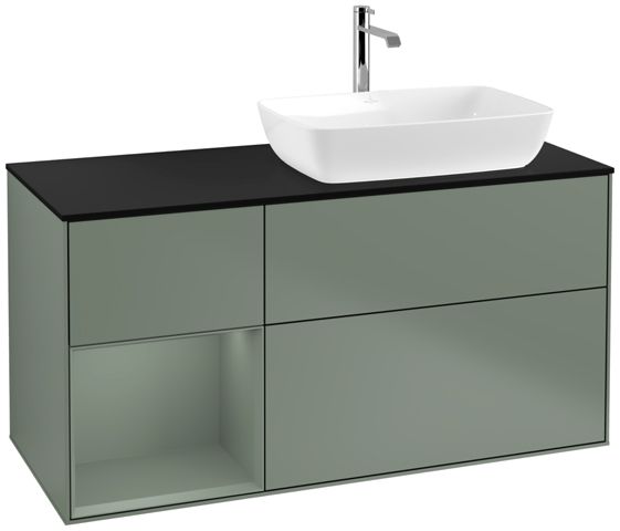 V&B Waschtisch-Unterschrank Finion 120cm, Abdeckplatte black matt, Regal Olive matt lacquer, Olive Matt Lacquer