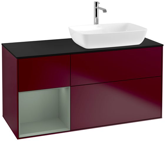 V&B Waschtisch-Unterschrank Finion 120cm, Abdeckplatte black matt, Regal Olive matt lacquer, Peony Matt