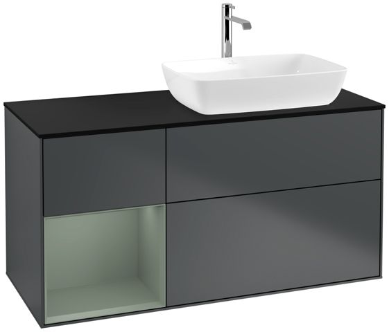 V&B Waschtisch-Unterschrank Finion 120cm, Abdeckplatte black matt, Regal Olive matt lacquer, Midnight Blue Matt Lacquer