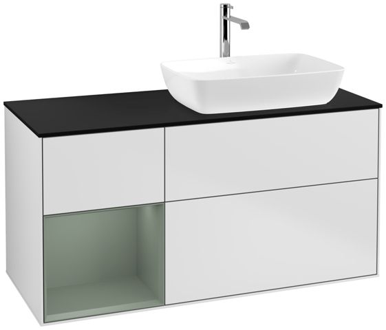 V&B Waschtisch-Unterschrank Finion 120cm, Abdeckplatte black matt, Regal Olive matt lacquer, White matt lacquer