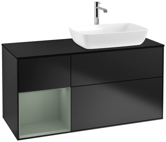 V&B Waschtisch-Unterschrank Finion 120cm, Abdeckplatte black matt, Regal Olive matt lacquer, Black matt lacquer
