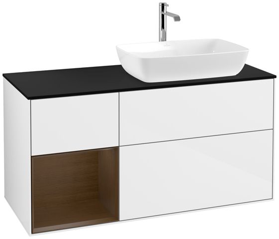 V&B Waschtisch-Unterschrank Finion 120cm, Abdeckplatte black matt, Regal Walnut Veneer, Glossy white lacquer