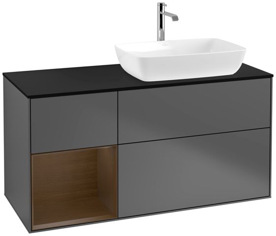 V&B Waschtisch-Unterschrank Finion 120cm, Abdeckplatte black matt, Regal Walnut Veneer, Anthracite matt