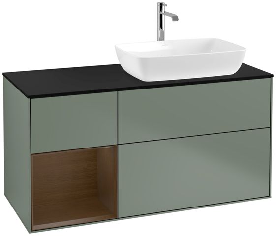 V&B Waschtisch-Unterschrank Finion 120cm, Abdeckplatte black matt, Regal Walnut Veneer, Olive Matt Lacquer