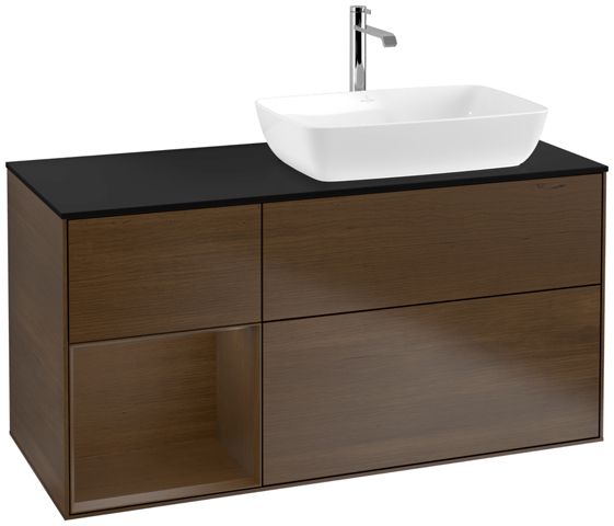V&B Waschtisch-Unterschrank Finion 120cm, Abdeckplatte black matt, Regal Walnut Veneer, Walnut veneer