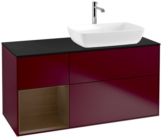 V&B Waschtisch-Unterschrank Finion 120cm, Abdeckplatte black matt, Regal Walnut Veneer, Peony Matt