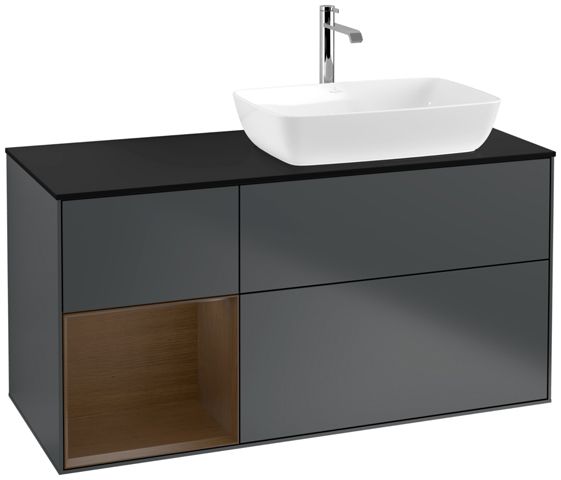 V&B Waschtisch-Unterschrank Finion 120cm, Abdeckplatte black matt, Regal Walnut Veneer, Midnight Blue Matt Lacquer