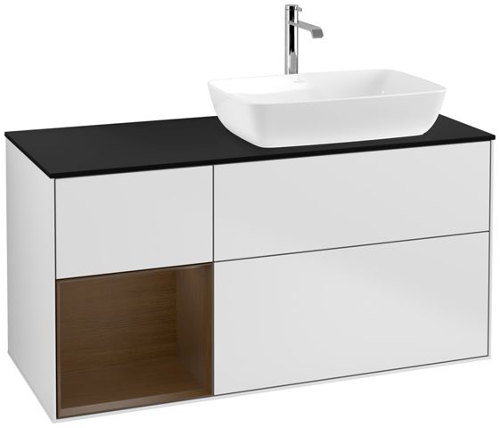 V&B Waschtisch-Unterschrank Finion 120cm, Abdeckplatte black matt, Regal Walnut Veneer, White matt lacquer