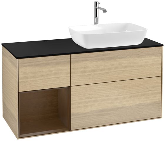 V&B Waschtisch-Unterschrank Finion 120cm, Abdeckplatte black matt, Regal Walnut Veneer, Oak Veneer