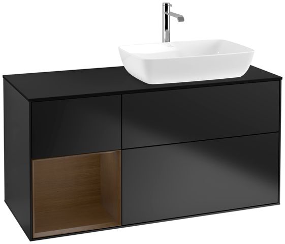 V&B Waschtisch-Unterschrank Finion 120cm, Abdeckplatte black matt, Regal Walnut Veneer, Black matt lacquer