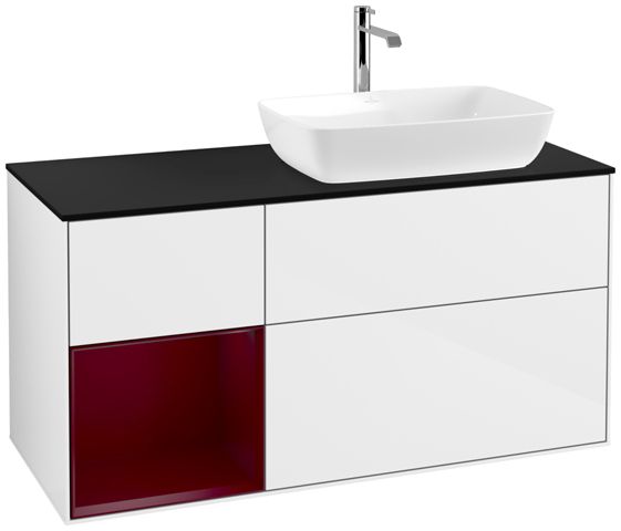 V&B Waschtisch-Unterschrank Finion 120cm, Abdeckplatte black matt, Regal Peony matt lacquer, Glossy white lacquer