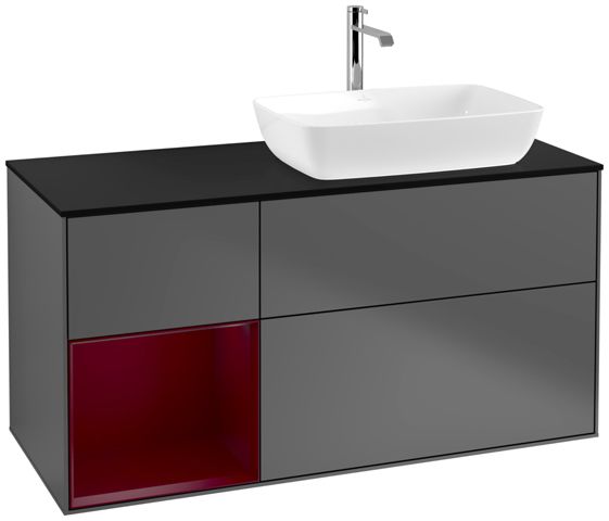 V&B Waschtisch-Unterschrank Finion 120cm, Abdeckplatte black matt, Regal Peony matt lacquer, Anthracite matt