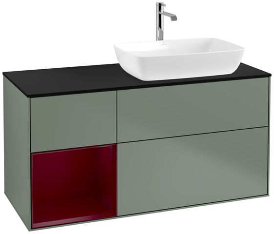 V&B Waschtisch-Unterschrank Finion 120cm, Abdeckplatte black matt, Regal Peony matt lacquer, Olive Matt Lacquer
