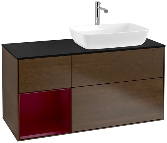 V&B Waschtisch-Unterschrank Finion 120cm, Abdeckplatte black matt, Regal Peony matt lacquer, Walnut veneer