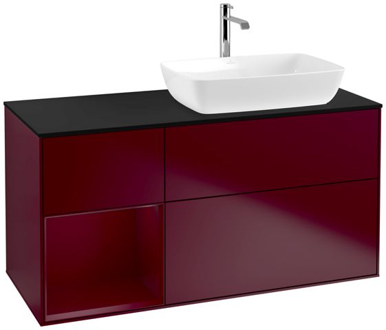 V&B Waschtisch-Unterschrank Finion 120cm, Abdeckplatte black matt, Regal Peony matt lacquer, Peony Matt