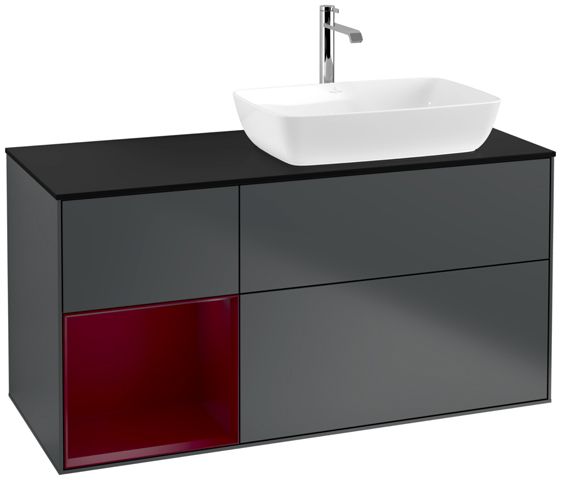 V&B Waschtisch-Unterschrank Finion 120cm, Abdeckplatte black matt, Regal Peony matt lacquer, Midnight Blue Matt Lacquer