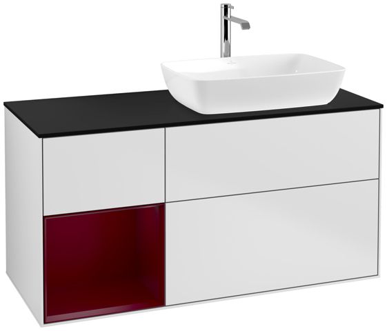 V&B Waschtisch-Unterschrank Finion 120cm, Abdeckplatte black matt, Regal Peony matt lacquer, White matt lacquer