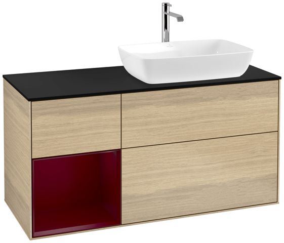 V&B Waschtisch-Unterschrank Finion 120cm, Abdeckplatte black matt, Regal Peony matt lacquer, Oak Veneer