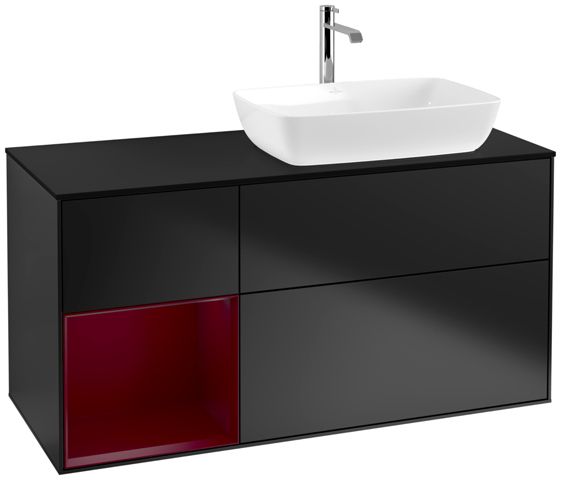 V&B Waschtisch-Unterschrank Finion 120cm, Abdeckplatte black matt, Regal Peony matt lacquer, Black matt lacquer