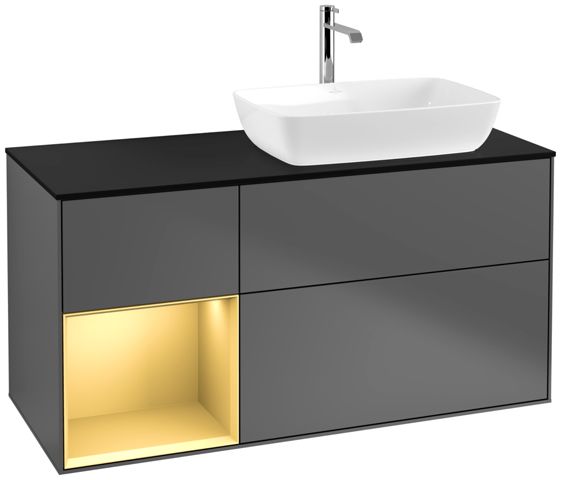 V&B Waschtisch-Unterschrank Finion 120cm, Abdeckplatte black matt, Regal Gold matt lacquer, Anthracite matt