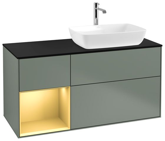 V&B Waschtisch-Unterschrank Finion 120cm, Abdeckplatte black matt, Regal Gold matt lacquer, Olive Matt Lacquer