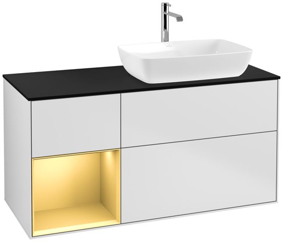 V&B Waschtisch-Unterschrank Finion 120cm, Abdeckplatte black matt, Regal Gold matt lacquer, White matt lacquer