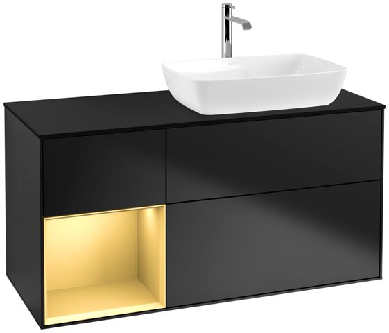 V&B Waschtisch-Unterschrank Finion 120cm, Abdeckplatte black matt, Regal Gold matt lacquer, Black matt lacquer