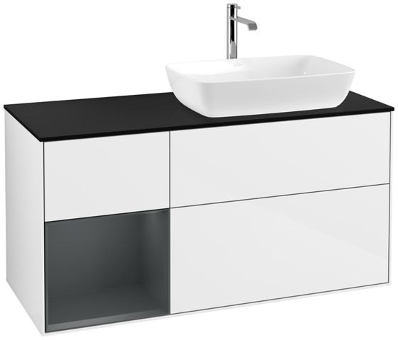 V&B Waschtisch-Unterschrank Finion 120cm, Abdeckplatte black matt, Regal Midnight matt lacquer, Glossy white lacquer