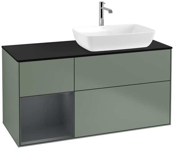 V&B Waschtisch-Unterschrank Finion 120cm, Abdeckplatte black matt, Regal Midnight matt lacquer, Olive Matt Lacquer