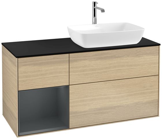 V&B Waschtisch-Unterschrank Finion 120cm, Abdeckplatte black matt, Regal Midnight matt lacquer, Oak Veneer