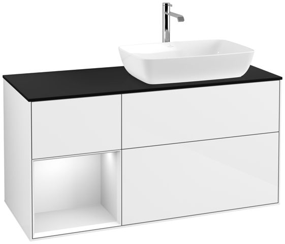V&B Waschtisch-Unterschrank Finion 120cm, Abdeckplatte black matt, Regal White matt lacquer, Glossy white lacquer