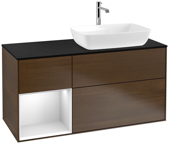 V&B Waschtisch-Unterschrank Finion 120cm, Abdeckplatte black matt, Regal White matt lacquer, Walnut veneer