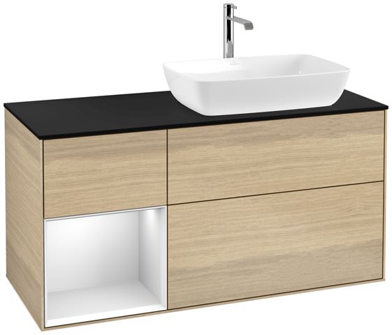 V&B Waschtisch-Unterschrank Finion 120cm, Abdeckplatte black matt, Regal White matt lacquer, Oak Veneer