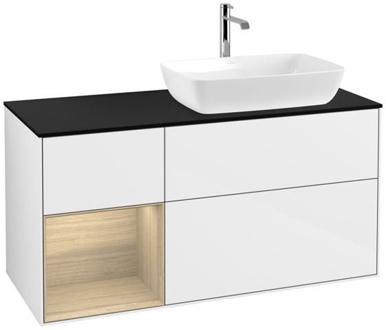 V&B Waschtisch-Unterschrank Finion 120cm, Abdeckplatte black matt, Regal Oak Veneer, Glossy white lacquer