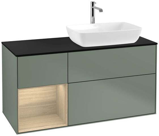 V&B Waschtisch-Unterschrank Finion 120cm, Abdeckplatte black matt, Regal Oak Veneer, Olive Matt Lacquer