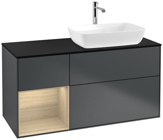 V&B Waschtisch-Unterschrank Finion 120cm, Abdeckplatte black matt, Regal Oak Veneer, Midnight Blue Matt Lacquer