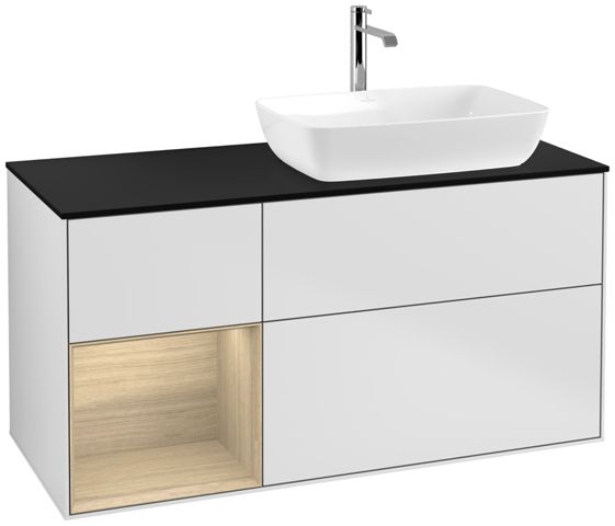 V&B Waschtisch-Unterschrank Finion 120cm, Abdeckplatte black matt, Regal Oak Veneer, White matt lacquer