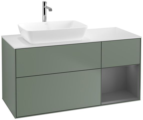 V&B Waschtisch-Unterschrank Finion 120cm, Abdeckplatte white matt, Regal Anthracite matt lacquer, Olive Matt Lacquer