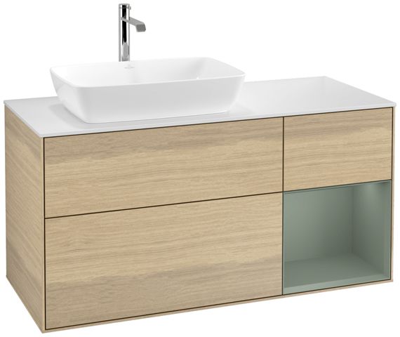 V&B Waschtisch-Unterschrank Finion 120cm, Abdeckplatte white matt, Regal Olive matt lacquer, Oak Veneer