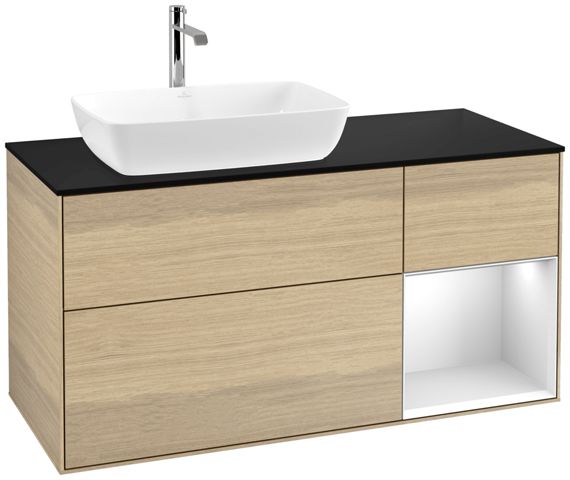 V&B Waschtisch-Unterschrank Finion 120cm, Abdeckplatte black matt, Regal White matt lacquer, Oak Veneer
