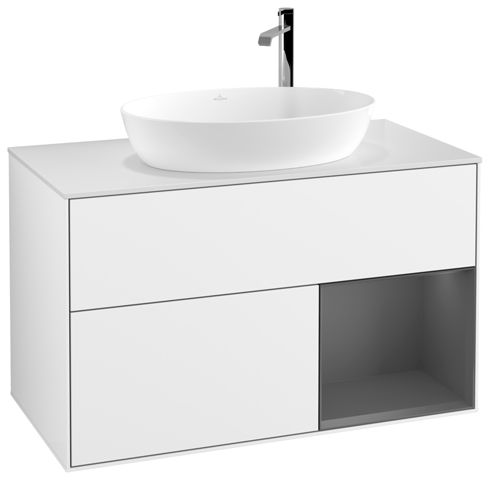 V&B Waschtisch-Unterschrank Finion 100cm, Abdeckplatte white matt, Regal Anthracite matt lacquer, Glossy white lacquer
