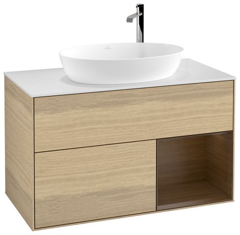V&B Waschtisch-Unterschrank Finion 100cm, Abdeckplatte white matt, Regal Walnut Veneer, Oak Veneer