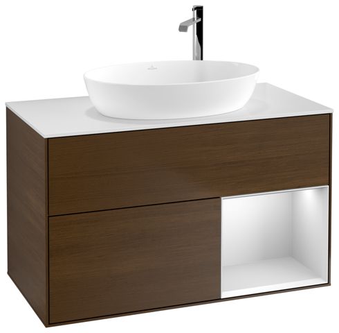 V&B Waschtisch-Unterschrank Finion 100cm, Abdeckplatte white matt, Regal White matt lacquer, Walnut veneer