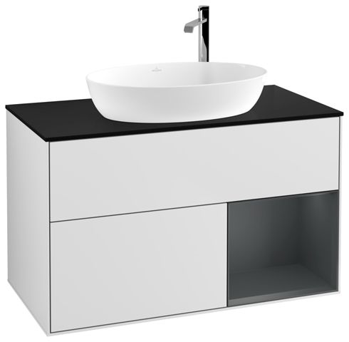 V&B Waschtisch-Unterschrank Finion 100cm, Abdeckplatte black matt, Regal Midnight matt lacquer, White matt lacquer
