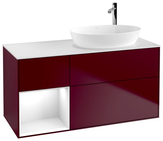 V&B Waschtisch-Unterschrank Wandbeleuchtung Finion 120cm, Abdeckplatte white matt, Regal Glossy white lacquer, Peony Matt